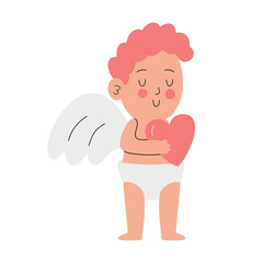 Funny cupid, little angel or god eros. Cute Greece kid with bow, heart hunter romantic vector character