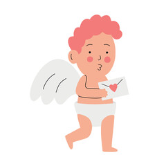 Funny cupid, little angel or god eros. Cute Greece kid with bow, heart hunter romantic vector character