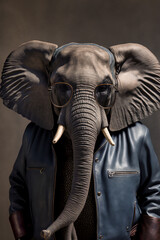 Fototapeta na wymiar Ein cooler Elefant mit Lederjacke und Sonnenbrille zeigt Attitude und Style in einem Portrait - Generative Ai