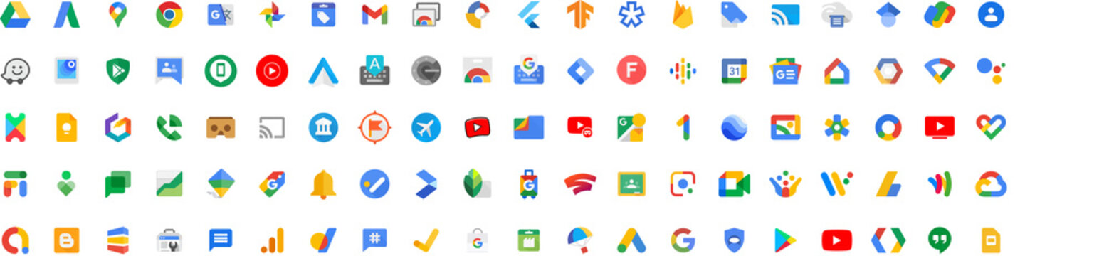 Google LLC. Official logotypes of Google Apps. Youtube Apps. Google Fi, Digital Wellbeing, Finance, Family Link, Shopping, Tasks, Alerts, Travel, Snapseed, Stadia etc.
