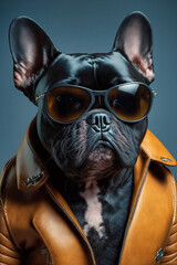 Ein cooler Hund mit Lederjacke und Sonnenbrille zeigt Attitude und Style in einem Portrait