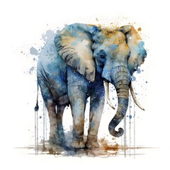 Elephant watercolour paint with ink painting, illustration art.