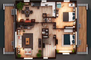 Apartment layout and furniture placement planning. A house's architectural design. Floorplan for an interior design project. Generative AI