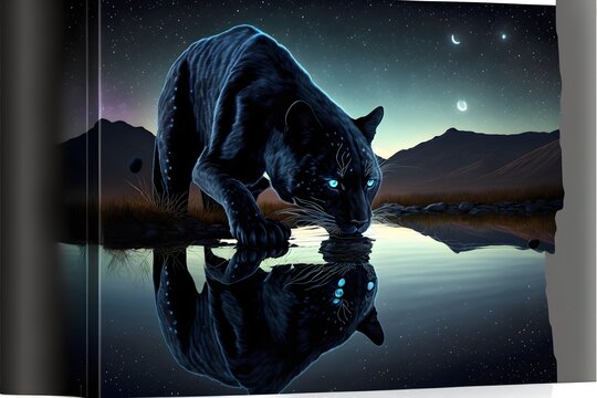 Black panther drinking water in a lake, reflection in the water, dark night in the background.