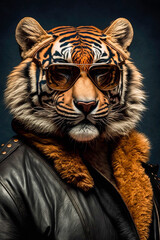 Ein cooler Tiger mit Lederjacke und Sonnenbrille zeigt Attitude und Style in einem Portrait