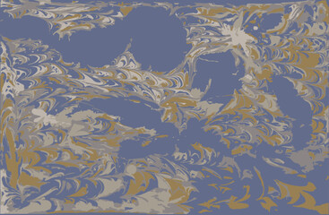 Ebru stain swirl waves pattern background. Summer on coast sea. Traditional Turkish Ebru technique gold and blue color. Painting on water transferred  hand drawn vector illustration