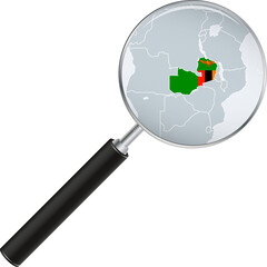 Zambia map with flag in magnifying glass.