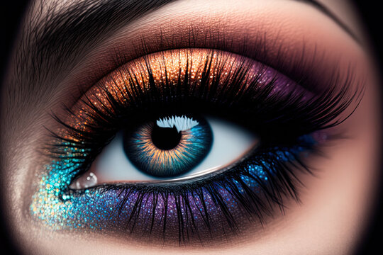 Beautiful macro photo of a woman's smokey eyes and arrow eye makeup. colored eyes. imaginative makeup. Long lashes and makeup in the ideal shape. Cosmetics. Gorgeous eye makeup. Close up. Generative