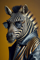 Ein cooles Zebra mit Lederjacke und Sonnenbrille zeigt Attitude und Style in einem Portrait
