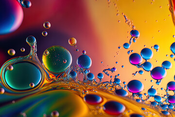 Abstract Colorful Food Oil Drops Bubbles and spheres Flowing on Water Surface Macro Photography. Generative AI