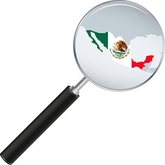 Mexico map with flag in magnifying glass.