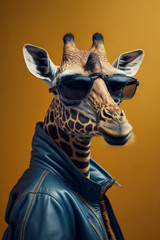 Eine coole Giraffe mit Lederjacke und Sonnenbrille zeigt Attitude und Style in einem Portrait