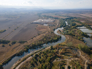 Fototapeta na wymiar Aerial view of Maritsa River near village of Orizari, Bulgaria