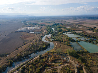 Fototapeta premium Aerial view of Maritsa River near village of Orizari, Bulgaria