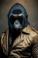 Ein cooler Affe mit Lederjacke und Sonnenbrille zeigt Attitude und Style in einem Portrait - Generative Ai
