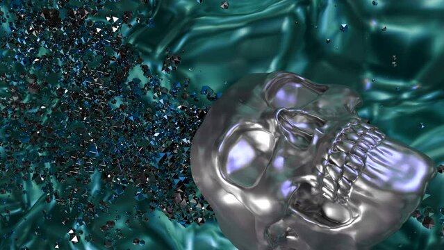 Moving stream of particles from skull. Design. Abstract animation of skull drowning in liquid with flowing stream of thoughts. Colorful bright animation with skull in liquid and particles