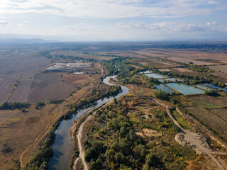 Aerial view of Maritsa River near village of Orizari, Bulgaria