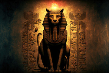 Ancient Egyptian emblem and lone representation of the god Sekhmet. Generative AI - obrazy, fototapety, plakaty