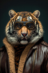 Ein cooler Tiger mit Lederjacke und Sonnenbrille zeigt Attitude und Style in einem Portrait