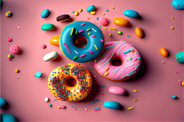A bunch of delicious donuts falling down with sprinkles on an abstract pink background
