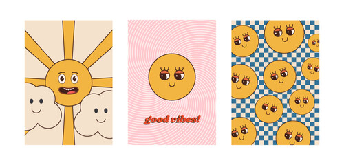 70s groovy posters, retro print with hippie elements. Retro poster sun and cloud