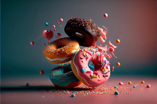 Fototapeta A bunch of delicious donuts falling down with sprinkles on a dark pink background