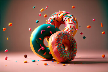 A bunch of delicious donuts falling down with sprinkles on a dark pink background