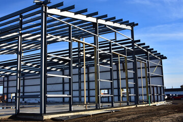 Partial steel framework of new commercial building under construction.