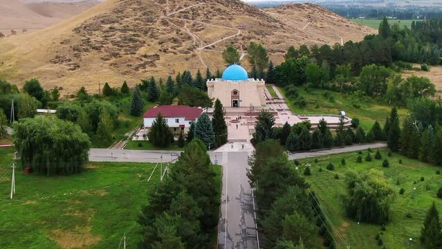 Aerial view of historical complex Manas-Ordo in Talas city