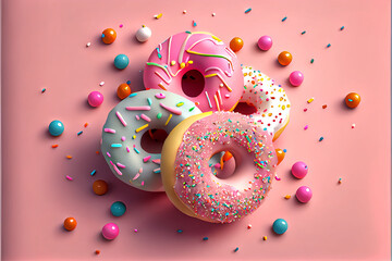 A bunch of delicious donuts with sprinkles on a pink background