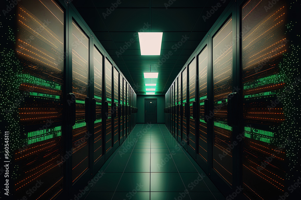 Poster image of a corridor in a working data center with many supercomputers and rack servers. generative a