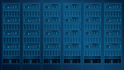 Front view of a working web server, light blue line drawing on dark blue background. Vector image