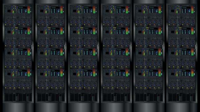 Front view of a working web server, server modules in black color. Vector image