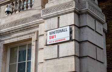 The street sign for Whitehall in Westminster, where a number of government offices are situated.