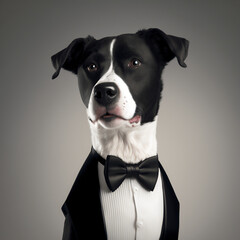 Portrait of a dog wearing a tuxedo