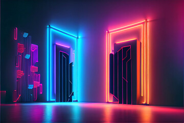 Blue, red, orange neon lights in a dark room illuminating abstract objects