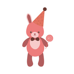 Pink rabbit with bow, party hat and lollipop