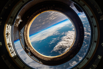 Earth can be seen from a porthole in the International Space Station's cockpit as you look out at it. rocket launch, the idea of exploration and research. Generative AI