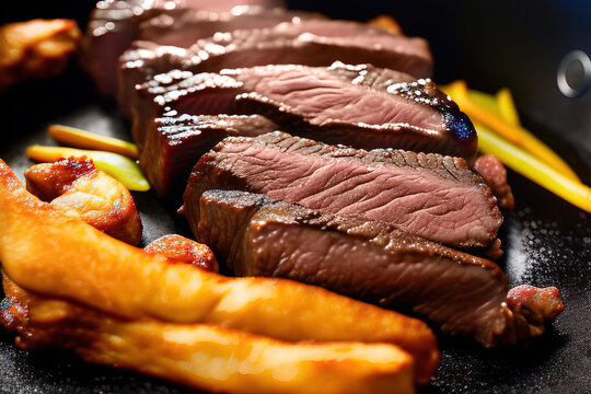Wagyu Japanese beef steak frying on the pan closeup. Home food preparation