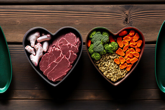 Panorama banner of healthy fresh ingredients for pet food in individual heart shaped bowls viewed from overhead with chopped raw beef, liver and chicken , mixed vegetables and rains on rustic wood