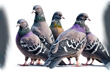 flock of pigeons on a white background. Generative AI