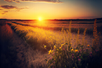 Fototapeta na wymiar Beautiful natural panoramic countryside landscape. Blooming wild high grass in nature at sunset warm summer. Pastoral scenery. Selective focusing on foreground. Generative AI