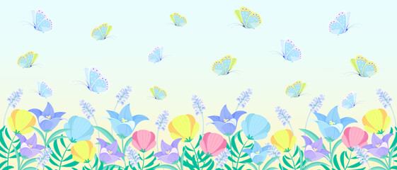 Vector floral pattern with bright wildflowers and flying butterflies. On a soft blue background with a gradient. Panoramic horizontal illustration. Floral background in a fabulous style
