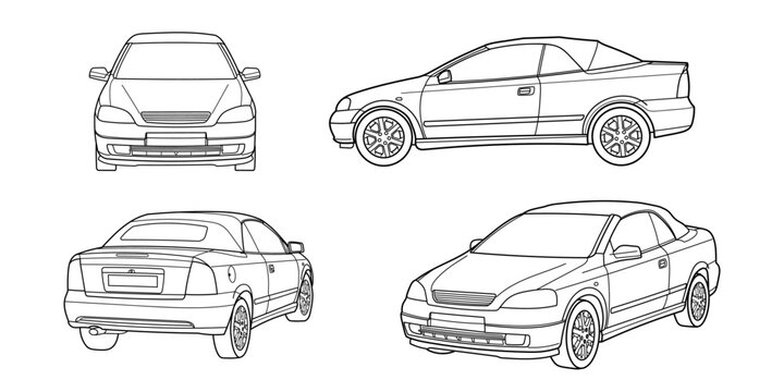 Set of coupe convartible sport car. Different five view shot - front, rear, side and 3d. Outline doodle vector illustration
