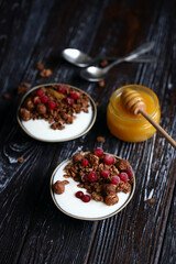Two breakfast bowls with crunches, honey, berries and yogurt.