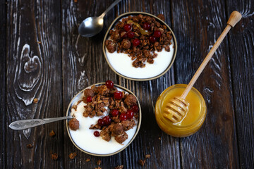 Two breakfast bowls with crunches, honey, berries and yogurt.