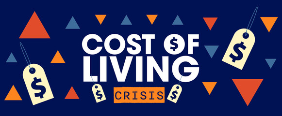 Cost of living crisis banner with dollar symbols and up and down arrows with a blue and orange colour scheme