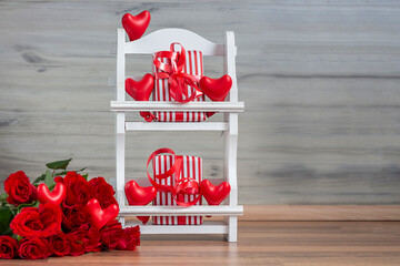 Happy Valentine's Day. Valentine banner. Valentine. box with small red hearts and red roses. Copy space
