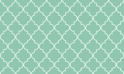 Fototapeta na wymiar Morocco background of geometric islamic trellis pattern in green with light green outline. Islamic Background. Moroccan Mosaic Texture.