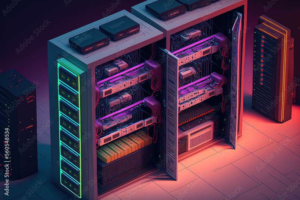 Poster an illustration of a modern, high tech data center with rows of racks holding server and network com